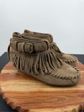 ASH beige taupe suede fringe festival booties wedged 37 6.5